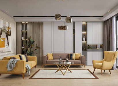 Sofagarnitur Komplette Sofa 431 Sitzer Sessel Stoff Gelb Set 3tlg Neu